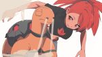  1girl :d ahonoko black_shirt breasts cropped_shirt flannery_(pokemon) highres long_hair looking_at_another midriff navel open_mouth pants pokemon pokemon_(creature) pokemon_rse red_eyes red_hair shirt short_sleeves smile smoke torkoal white_background 