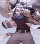  1boy abs absurdres animal_ears arknights artist_name augoose_cong bandaged_hand bandages bara belt black_bandages black_belt black_shirt blue_eyes chain_necklace character_name claws clenched_hands clenched_teeth copyright_name cross_scar english_commentary furry furry_male highres jewelry looking_at_viewer male_focus mountain_(arknights) necklace pants pectorals punching scar scar_across_eye scar_on_arm scar_on_cheek scar_on_face scar_on_hand scar_on_nose scar_on_tail shirt sleeveless tail teeth tiger_boy tiger_ears tiger_stripes tiger_tail white_pants 