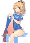  2014_fifa_world_cup absurdres ayase_eli blonde_hair blue_eyes blush breasts dressing hajime_kaname highres japan japanese_flag leg_up long_hair looking_at_viewer love_live! love_live!_school_idol_project medium_breasts open_mouth panties ponytail single_sock sitting smile soccer soccer_uniform socks solo sportswear underwear world_cup 