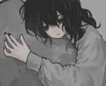  1girl artist_request black_eyes black_hair black_nails closed_mouth depressed expressionless grey_sweater hair_between_eyes long_hair long_sleeves nail_polish original solo sweater third-party_source upper_body 