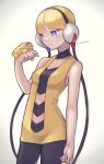  1girl arms_at_sides artist_name bare_arms bare_shoulders black_pantyhose blonde_hair blue_eyes blunt_bangs breasts bug collarbone dress elesa_(pokemon) hand_up headphones highres joltik midriff pantyhose pokemon pokemon_(creature) pokemon_bw short_dress short_hair sleeveless sleeveless_dress solo_focus spider totennko yellow_dress 
