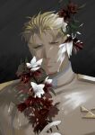  1boy black_background blonde_hair closed_eyes closed_mouth coat crying facing_viewer flower flower_request highres holding holding_flower kray_foresight male_focus messy_hair paint_on_body promare red_flower short_hair solo sumi_wo_hakuneko upper_body white_coat white_flower white_paint 