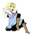  \m/ alice_margatroid ascot blonde_hair blue_eyes book boots brown_footwear capelet cross-laced_footwear dress full_body hairband isaki_(gomi) looking_at_viewer open_mouth pantyhose sash simple_background solo touhou white_background 