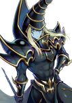  1boy abs armor black_armor black_hat blonde_hair blue_eyes blue_skin colored_skin dark_magician duel_monster facial_mark hat holding holding_staff izapara looking_at_viewer shoulder_armor simple_background solo staff toned toned_male twitter_username white_background yu-gi-oh! 