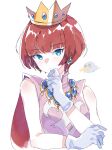  1girl blue_eyes crown dress earrings fq75017 gloves gold_necklace hand_on_own_chin highres jewelry keyzer looking_at_viewer necklace princess_shokora red_hair short_hair simple_background sleeveless sleeveless_dress wario_land wario_land_4 white_background white_gloves 