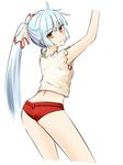  armpits ass fujiwara_no_mokou hair_ribbon highres long_hair looking_at_viewer miyo_(ranthath) ponytail red_eyes ribbon shirt short_shorts short_sleeves shorts silver_hair sleeveless sleeveless_shirt solo touhou 