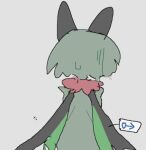 anthro bodily_fluids digital_media_(artwork) embarrassed fur generation_9_pokemon green_body green_fur grey_background male mask meowscarada nintendo podo pokemon pokemon_(species) rear_view simple_background solo sweat