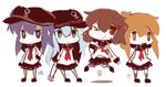  &gt;_o akatsuki_(kantai_collection) anchor_symbol aqua_eyes aqua_hair brown_eyes brown_hair chibi folded_ponytail hair_ornament hairclip hat hibiki_(kantai_collection) highres ikazuchi_(kantai_collection) inazuma_(kantai_collection) kantai_collection long_hair multiple_girls nuu_(nu-nyu) one_eye_closed pleated_skirt purple_eyes purple_hair school_uniform serafuku short_hair skirt 