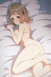  1girl ass bare_arms bare_shoulders bed_sheet bra breasts brown_eyes brown_hair closed_mouth commentary_request highres idolmaster idolmaster_shiny_colors kozuka_yasushi large_breasts looking_at_viewer lying on_bed on_side panties panty_pull sakuragi_mano short_bangs short_hair smile solo thighs underwear white_bra white_panties 