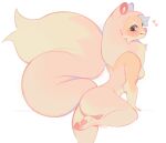 anthro arched_back arm_tuft breasts canid canine cheek_tuft digital_media_(artwork) elbow_tuft eyelashes facial_tuft faeisii featureless_breasts female female_anthro fluffy fluffy_tail fur head_tuft hi_res leaning leaning_forward leaning_on_object long_tail looking_at_viewer mammal markings mole_(marking) pawpads pink_body pink_fur pink_nose raised_leg side_view simple_background smile solo tail tuft