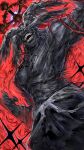  1other absurdres black_skin black_wings colored_skin commentary facing_viewer feathered_wings head_wings highres jujutsu_kaisen mahoraga_(jujutsu_kaisen) monster muscular nameno92372763 open_mouth red_background solo standing star_(symbol) teeth wings 