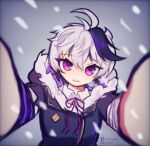  1girl ahoge anmyu arm_warmers bandaged_arm bandages coat dot_nose facebook_logo facebook_username flower_(vocaloid) flower_(vocaloid4) fur-trimmed_coat fur_trim hood hood_down light_blush looking_at_viewer pink_ribbon pov purple_arm_warmers purple_coat purple_eyes purple_hair ribbon shirt short_hair single_arm_warmer snow snowing solo teeth tomboy twitter_logo twitter_username vocaloid white_hair white_shirt winter winter_clothes 