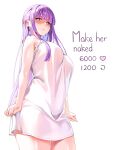  1girl absurdres arms_at_sides bare_shoulders blunt_bangs breasts bright_pupils closed_mouth commentary dress english_text fern_(sousou_no_frieren) highres large_breasts like_and_retweet long_hair looking_at_viewer looking_down machulanko meme purple_eyes purple_hair shaded_face short_dress sleeveless sleeveless_dress solo sousou_no_frieren twitter_strip_game_(meme) unamused very_long_hair white_dress white_pupils 