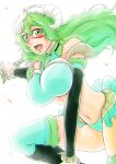  1girl absurdres arm_support bare_shoulders black_sleeves bleach bleach:_sennen_kessen-hen bloom breasts commentary_request curled_horns curvy detached_sleeves eyebrows_hidden_by_hair eyelashes facial_mark fighting_stance floating_hair fur-trimmed_thighhighs fur_collar fur_trim green_eyes green_hair hair_between_eyes haruka_(the_end_is_far) highres holding holding_sword holding_weapon horns katana knee_up large_breasts leaning_forward long_hair long_sleeves looking_afar mask mask_on_head navel nelliel_tu_odelschwanck open_mouth scar scar_on_face simple_background skull_mask solo sword teeth thighhighs thighs upper_teeth_only wavy_hair weapon white_background white_thighhighs 