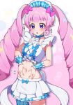  1girl absurdres aozora_himari blush bow breasts center_frills choker crop_top frilled_skirt frilled_wrist_cuffs frills hair_bow hair_ornament hands_on_own_stomach highres himitsu_no_aipri kiratto_pri_chan long_hair medium_breasts midriff mujin_(mujinzairaisen) multicolored_clothes multicolored_skirt navel open_mouth pink_bow pink_hair pretty_series purple_eyes shirt skirt solo standing summer_maid_coord wrist_cuffs 