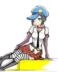  black_hair cabbie_hat collar elbow_gloves fingerless_gloves gloves green_eyes hat hat_over_one_eye marie_(persona_4) persona persona_4 persona_4_the_golden plaid plaid_skirt sitting skirt sleeveless solo striped striped_legwear thighhighs ueyama_michirou 