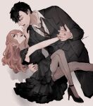  1boy 1girl absurdres black_dress black_hair black_suit brown_eyes collared_shirt couple dress earrings enimo eye_contact formal hetero high_heels highres holding_hands jewelry light_brown_hair long_hair looking_at_another necktie open_mouth original pantyhose shirt suit 