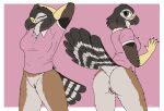 accipitrid accipitriform anthro anus avian bird bottomless bottomless_anthro bottomless_female buteo butt clothed clothing female fish_birb genitals hands_behind_head hi_res holly_(fish_birb) multiple_poses pink_clothing pink_shirt pink_topwear polo_shirt pose presenting presenting_hindquarters pussy raised_tail shirt short_sleeves solo swainson&#039;s_hawk tail topwear