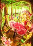 alternate_footwear ascot bad_id bad_pixiv_id basket blonde_hair blush boots bow fang flandre_scarlet flower forest graphite_(medium) hair_bow hat hat_ribbon highres lace lace-trimmed_skirt looking_at_viewer marker_(medium) mob_cap nature open_mouth red_eyes ribbon shinonome_myoke short_hair side_ponytail skirt skirt_set solo swing touhou traditional_media watercolor_(medium) wings 