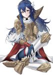  1girl ameno_(a_meno0) armor blue_eyes blue_gloves blue_hair breastplate cape closed_mouth commentary_request fire_emblem fire_emblem_awakening fire_emblem_heroes gloves gold_trim hair_between_eyes long_hair long_sleeves looking_at_viewer lucina_(brave_princess)_(fire_emblem) lucina_(brave_princess)_(resplendent)_(fire_emblem) lucina_(fire_emblem) official_alternate_costume pants pauldrons red_cape shoulder_armor simple_background single_pauldron sitting smile solo tiara two-tone_cape white_background white_cape wing_hair_ornament 