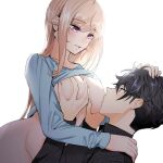  1boy 1girl black_hair blonde_hair bottomless breast_sucking breasts brother_and_sister clothes_lift doromame grabbing grabbing_another&#039;s_breast hetero incest nakiri_asahi nakiri_erina non-web_source shirt shirt_lift shokugeki_no_souma siblings 