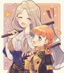  2girls annette_fantine_dominic ascot axe blonde_hair blue_eyes blush buttons closed_eyes commentary_request fire_emblem fire_emblem:_three_houses garreg_mach_monastery_uniform hair_rings highres hino222hikari holding holding_axe holding_weapon long_hair long_sleeves looking_at_viewer mercedes_von_martritz multiple_girls open_mouth orange_hair short_hair translation_request twitter_username uniform very_long_hair weapon white_ascot 
