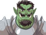  1boy adam&#039;s_apple armor bara beard colored_skin facial_hair forked_eyebrows goatee green_skin huge_eyebrows male_focus mature_male monster_boy orc original paid_reward_available plate_armor portrait short_hair simple_background solo thick_beard thick_mustache thick_neck tusks white_background zettoken 