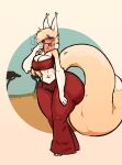 2024 anthro belly_dancer big_butt big_tail bodily_fluids bottomwear breasts brown_background butt canid canine cleavage clothed clothing crop_top digital_media_(artwork) female fluffy fluffy_tail fox fur furr_oritsu gradient_background hair hi_res huge_butt l0ad1ng long_ears long_hair long_tail mammal neck_tuft pants pink_eyes savanna shirt simple_background solo sweat sweaty_breasts sweaty_butt sweaty_legs sweaty_thighs tail thick_thighs tired topwear tuft veil yellow_body yellow_fur