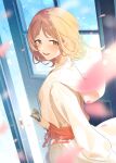  1girl absurdres blurry blurry_foreground blush brown_hair depth_of_field door dress falling_petals highres idolmaster idolmaster_shiny_colors long_sleeves looking_at_viewer odecono3 opening_door petals sakuragi_mano smile solo white_dress 