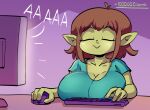 20pesos_sopa :&gt; big_breasts breast_rest breasts brown_hair cleavage clothed clothing computer computer_mouse electronics eyelashes eyes_closed female gameplay_mechanics goblin green_body green_clothing green_shirt green_skin green_topwear hair hi_res humanoid keyboard lei_(20pesos_sopa) monitor sex shirt short_hair solo topwear
