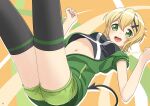  1girl absurdres akatsuki_kirika black_shirt black_thighhighs blonde_hair clenched_hands demon_tail floating green_eyes green_jacket green_shorts hair_ornament highres jacket looking_at_viewer nao_suke navel open_clothes open_jacket open_mouth senki_zesshou_symphogear shirt short_hair short_shorts shorts single_horizontal_stripe smile solo tail thighhighs x_hair_ornament 