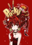  1girl bare_shoulders braid breasts choker cleavage clothing_request commentary_request earrings food food_in_mouth gloves hair_ornament hair_stick heart heart_hair_ornament jewelry karakasa_garaku long_hair looking_at_viewer original pocky pocky_in_mouth red_background red_eyes red_gloves red_hair red_theme shouten_pegasus_mix_mori simple_background solo star_(symbol) star_earrings strapless upper_body 