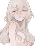  1girl breasts enimo grey_eyes grey_hair hair_between_eyes hair_over_breasts half-closed_eyes highres large_breasts long_hair looking_to_the_side nude original parted_lips simple_background solo upper_body white_background 