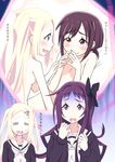  :d =_= blonde_hair blue_eyes blush bow brown_hair cardigan fang hair_bow hair_ornament hairclip hana_n_fountainstand hanayamata imagining jealous long_hair low_twintails multiple_girls nude open_mouth purple_eyes purple_hair sasame_yaya school_uniform sekiya_naru shirika smile steepled_fingers sweat sweatdrop translation_request turn_pale twintails two_side_up yuri 