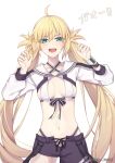  1girl artoria_caster_(fate) artoria_caster_(swimsuit)_(fate) artoria_caster_(swimsuit)_(first_ascension)_(fate) artoria_pendragon_(fate) asymmetrical_clothes asymmetrical_pants bikini black_pants blonde_hair blush breasts colorfulkite cropped_jacket fate/grand_order fate_(series) green_eyes hat highres jacket long_hair long_sleeves looking_at_viewer navel open_mouth open_pants pants shrug_(clothing) single_bare_leg single_pantsleg smile solo swimsuit twintails white_bikini white_hat white_jacket 