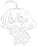  1girl :3 ahoge akuma_no_riddle blush bread chibi eating food greyscale hashiri_nio melon_bread monochrome mouth_hold pleated_skirt school_uniform shift_jis_art short_hair simple_background skirt solo white_background 