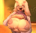 3gs anthro bodily_fluids boss_monster_(undertale) bovid bra breasts caprine clothing colored deltarune eyewear female front_view glasses goat hi_res lactating mammal mature_female nipples one_breast_out open_mouth presenting presenting_breasts solo sweat third-party_edit tongue tongue_out toriel undertale undertale_(series) underwear