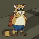 2024 anthro biped brown_body clothing fictionist12 hi_res male mammal procyonid raccoon rascal_(robot_dreams) red_nose robot_dreams shirt slightly_chubby solo topwear