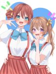  2girls :d aqua_eyes arm_around_waist blue_bow blue_bowtie blush bow bowtie breasts brown_hair collared_shirt commentary drill_hair emma_verde hair_between_eyes hair_ribbon hand_on_another&#039;s_waist heart height_difference highres konoe_kanata large_breasts light_brown_hair long_hair looking_at_viewer love_live! love_live!_nijigasaki_high_school_idol_club matching_outfits multiple_girls open_mouth osora_dao pleated_skirt purple_eyes red_skirt ribbon shirt short_sleeves side_drill side_ponytail skirt smile standing suspender_skirt suspenders twitter_username upper_body v v_over_mouth white_background white_shirt 