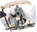  1girl all_fours animal_ears apron aqua_hair azur_lane black_bow black_dress black_footwear black_ribbon blue_hair boise_(azur_lane) boise_(flawed_but_delectable)_(azur_lane) bow bowtie braid breasts byulzzi center_opening chair checkered_floor cleavage dress fake_animal_ears food hair_ribbon high_heels highres holding juliet_sleeves large_breasts long_hair long_sleeves looking_at_viewer maid maid_apron maid_headdress manjuu_(azur_lane) mask mouth_mask non-web_source official_alternate_costume official_art omelet omurice pantyhose puffy_sleeves rabbit_ears ribbon single_braid table tablecloth under_table very_long_hair white_bow white_bowtie white_pantyhose yellow_eyes 