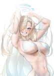  1girl absurdres armpits arms_up asuna_(blue_archive) bare_shoulders bikini blonde_hair blue_archive blue_eyes breasts commentary grin highres large_breasts long_hair looking_at_viewer navel simple_background smile solo stomach swimsuit upper_body uth_95 very_long_hair white_background white_bikini 