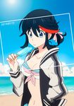  2014 alternate_hairstyle beach bikini_top black_hair blue_eyes breasts cleavage commentary_request day eating food food_on_body jacket kill_la_kill letterman_jacket mako_(macomaco7) matoi_ryuuko medium_breasts multicolored_hair ocean ponytail popsicle red_hair short_hair solo two-tone_hair 