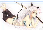  :t animal_ears animal_print arm_support barefoot bikini breasts brown_eyes cleavage cow_ears cow_print cow_tail holding katana la-na long_hair looking_at_viewer lying medium_breasts on_stomach original print_bikini silver_hair solo swimsuit sword tail tail_raised weapon 