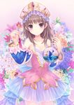  atelier_(series) atelier_totori back_bow banned_artist bare_shoulders blue_sleeves blush bow brown_hair collarbone cowboy_shot flower hat highres holding long_hair long_sleeves n.g. no_panties off_shoulder purple_eyes round-bottom_flask see-through skirt smile solo sparkle test_tube totooria_helmold 