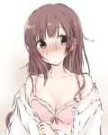  1girl baran._(ba_ra_ran) blush bra breasts brown_background brown_hair collarbone ear_blush hair_down highres idolmaster idolmaster_cinderella_girls igarashi_kyoko long_hair looking_at_viewer medium_breasts nose_blush pink_bra polka_dot polka_dot_bra shirt_partially_removed sidelocks solo two-tone_background underwear upper_body white_background yellow_eyes 