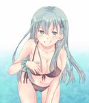  ass_visible_through_thighs bad_id bad_pixiv_id bikini black_bikini breasts clenched_teeth green_eyes green_hair hair_ornament hairclip kantai_collection large_breasts long_hair looking_at_viewer sakurachiharu side-tie_bikini smile solo suzuya_(kantai_collection) swimsuit teeth wrist_cuffs 