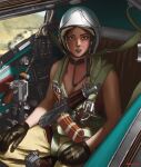  1girl afghanistan aircraft aks-74u assault_rifle black_gloves breasts brown_eyes chest_rig cleavage cockpit gloves gun helicopter highres kalashnikov_rifle looking_at_viewer mi-24 military military_uniform nnnmengmeng open_cockpit open_mouth original pilot pilot_helmet real_world_location rifle small_breasts soviet soviet_air_force soviet_army sweat teeth uniform war_in_afghanistan weapon white_helmet 