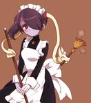  absurdres alternate_costume apron blue_skin blush brooch broom enmaided hair_over_one_eye highres jewelry leviathan_(skullgirls) long_hair maid maid_headdress purple_hair red_eyes ribbon side_ponytail skeletal_arm skullgirls smile sorimachi-doufu squigly_(skullgirls) zombie 