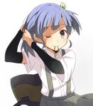  bad_id bad_pixiv_id blue_hair elbow_pads hair_ribbon hat hat_removed headwear_removed kantai_collection looking_at_viewer mouth_hold ooshio_(kantai_collection) purple_eyes ribbon solo suspenders tears yukichi_(eikichi) 