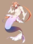  1boy abs bishounen black_choker blue_eyes braid brown_background choker closed_mouth commentary_request fins full_body gensoudanshi head_fins highres long_hair looking_at_viewer low_ponytail male_focus merman monster_boy nipples orange_hair original purple_scales scales simple_background smile solo toned toned_male twin_braids very_long_hair 